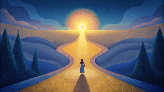 A turning point in the road with one path leading to darkness and the other to light represents the decision to repent and seek forgiveness.