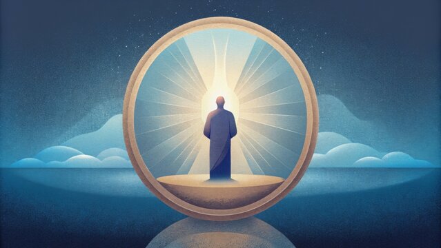 A mirror reflecting a distorted image that is then cleansed and restored represents the selfreflection and transformation that occurs through