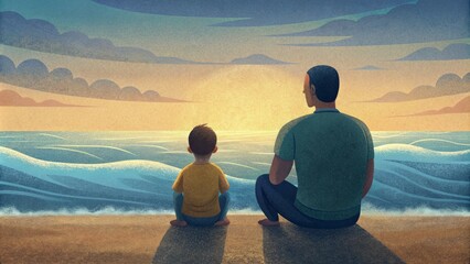 A father and son sit on a beach watching the waves crash against the shore. The son remorseful for his past mistakes looks to his father for - obrazy, fototapety, plakaty