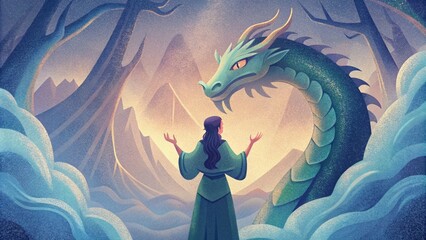 As the dragon slithered closer to the woman she did not falter. Instead she raised her hands in prayer and began to sing praises to her - obrazy, fototapety, plakaty