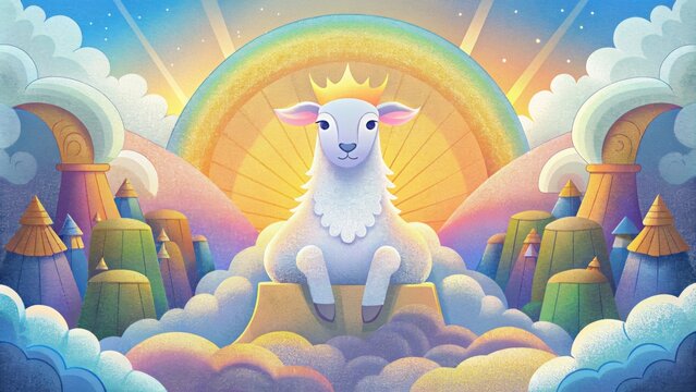 A peaceful and serene illustration of the Lamb sitting on a throne surrounded by a glorious rainbow and a sea of worshiping creatures. This