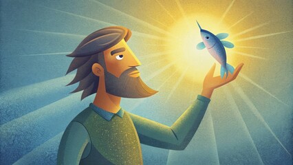 A fisherman holds a small fish in his hand its scales reflecting the sunlight. Just like the fish is caught and brought into the boat Jesus