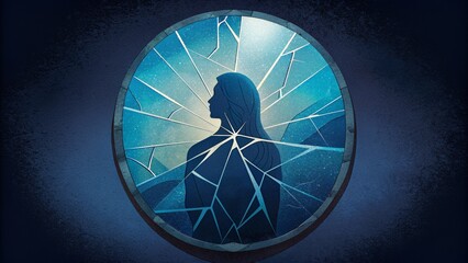 A mirror reflecting a dark troubled soul but then being shattered and pieced back together revealing the transformation of a broken life being