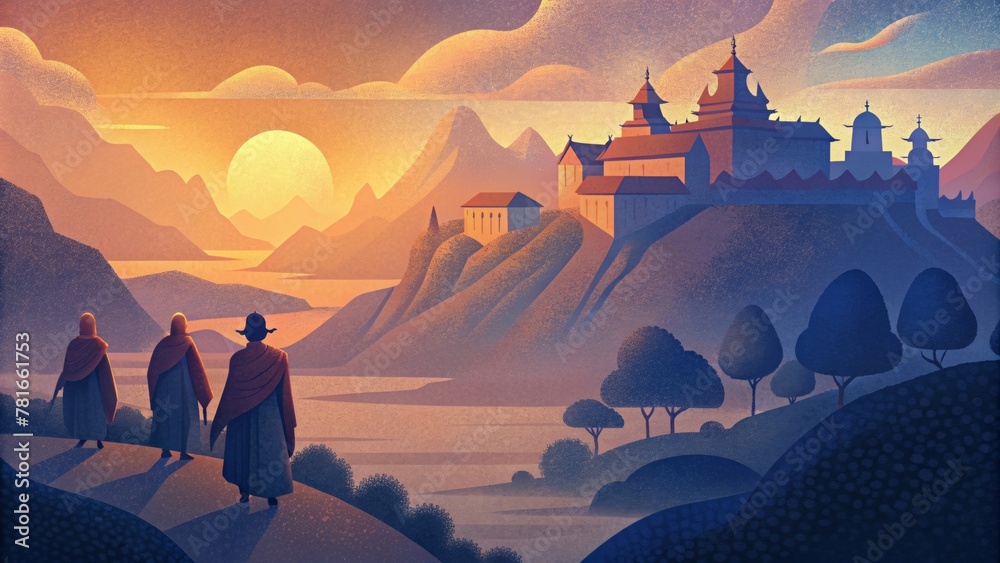 Poster the sun sets behind the tranquil monastery its warm glow casting a calming light over the tranquil g