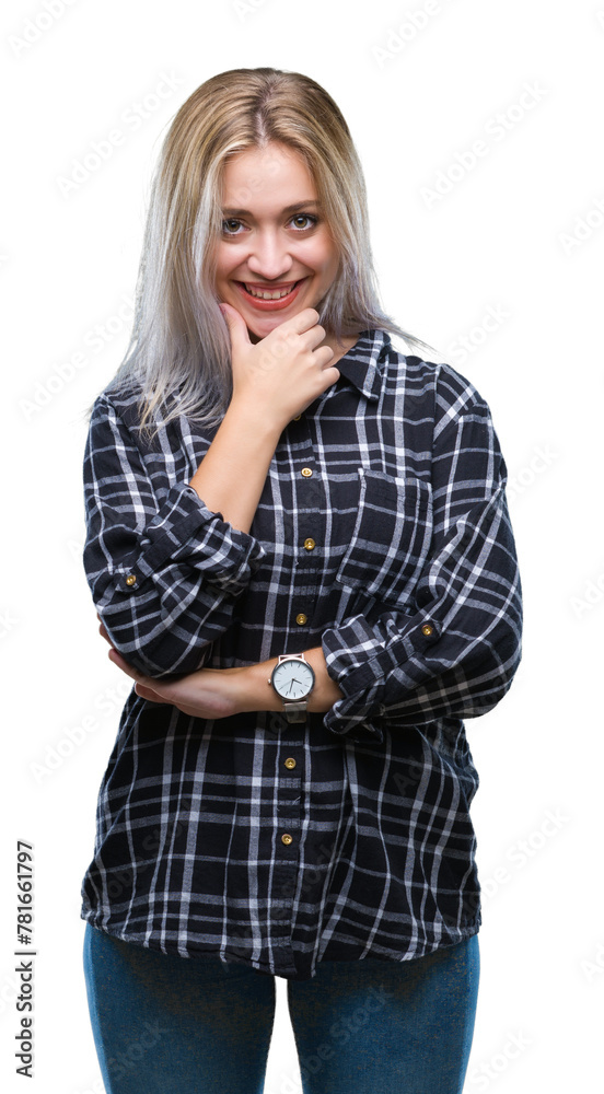 Sticker young blonde woman over isolated background looking confident at the camera with smile with crossed 