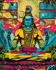 Shiva opens multiple windows in meditation, each a universe of possibilities, his third eye scanning through the data 