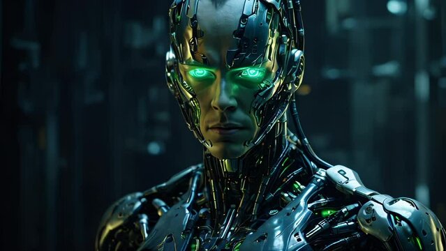 Male cyborg humanoid with green glowing eyes blinking