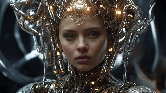 Beautiful female cyborg with glowing golden head gear