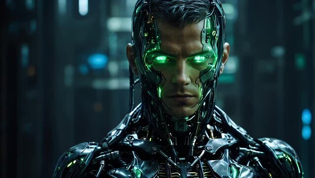 Male cyborg humanoid with green glowing eyes