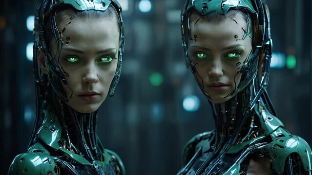 Female cyborg humanoid twins with green glowing eyes