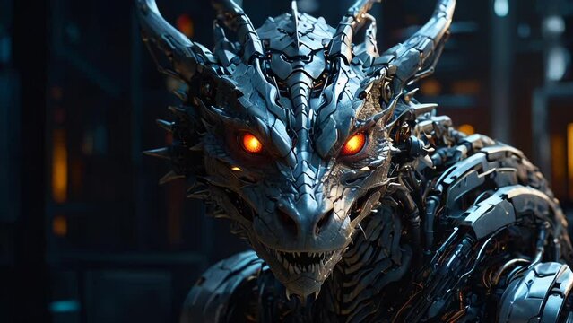 Cyborg dragon humanoid close-up glowing red eyes