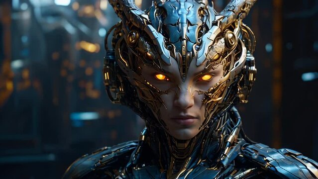 Cyborg humanoid dragon prince glowing golden eyes
