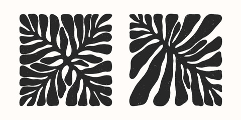 Vector black and white hand drawn floral square compositions.Hand drawn organic abstract shapes.Trendy contemporary art perfect for prints,flyers,banners,fabriс,branding design,covers.