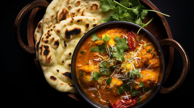 Wide traditional Indian food recipe banner mage, detailed closeup photo of naan bread on a tray with gravies and curries around in dark background 