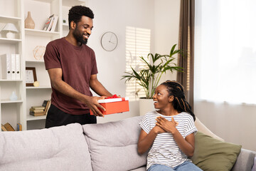 Joyful African American Family Moment With Surprise Gift - Happy Man Giving Red Box To Excited Woman In Cozy Living Room, Celebration, Birthday, Happiness Concept
