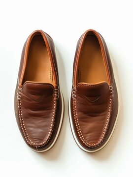 Pair of brown leather moccasin shoes on white background, top view.