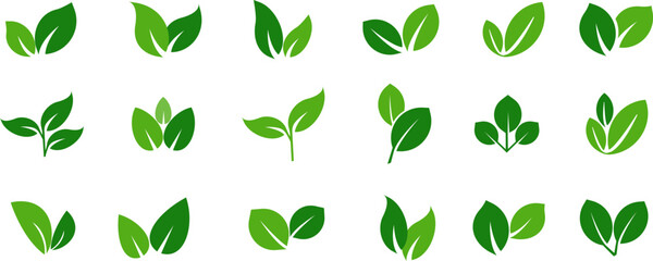 Green leaf vector icons. Eco leaf logo. Simple linear leaves of trees and plants. Elements for eco friendly and bio logo,vegan. Green leaves collection. Ecology leaf element. - obrazy, fototapety, plakaty
