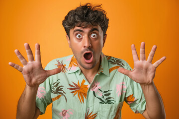 Surprised Man with Hands Up on Orange Background
