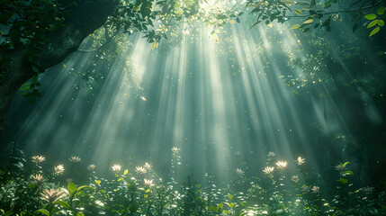 A bright sunny day in a forest with a field of flowers. AI-Generated