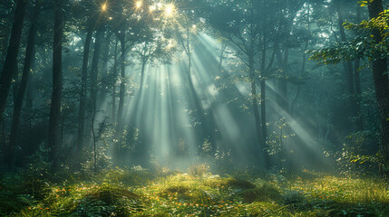 Sunlit Forest with Flower Field on Bright Sunny Day. AI-generated