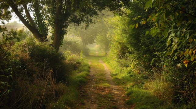 Path winding through dense woodland with tree