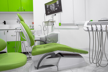 Dentist working room with green color design, medical concept
