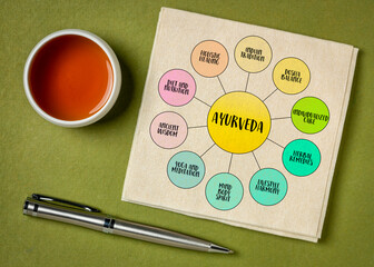 Ayurveda, traditional Indian medicine system - infographics or mind on  napkin, health, healing and lifestyle concept