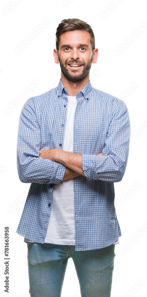 Poster young handsome man wearing white t-shirt over isolated background happy face smiling with crossed ar