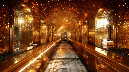 Fototapeta na wymiar Golden amber dream-like interior of bathhouse