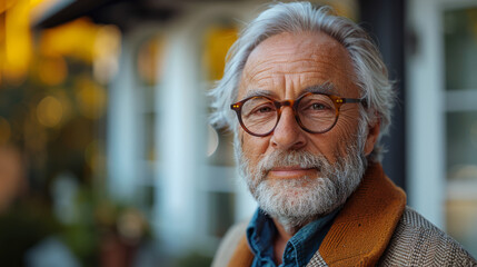 Close Up Portrait of a Cheerful Senior Man with Gray Hair Wearing Glasses Standing Outdoors in Front of a Residential Area Home. Retired Adult Man Looking at Camera and Smiling.