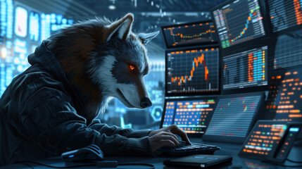 Anthropomorphic wolf depicted as a computer hacker, scammer or market trader - obrazy, fototapety, plakaty