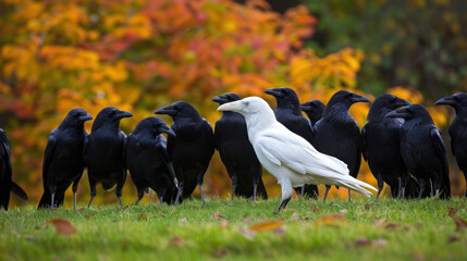 Naklejka premium Unique white crow amidst black ones - concept of being different