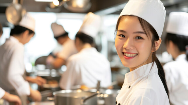 Young Asian female cook in commercial restaurant kitchen, team of chefs in the background