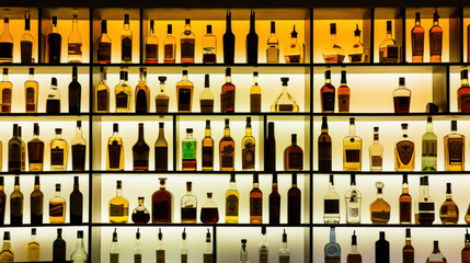 A lot of different bottles sitting on bar shelf, back light - obrazy, fototapety, plakaty