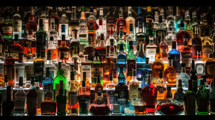 A lot of different bottles sitting on bar shelf