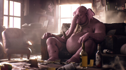 Anthropomorphic pink elephant in dirty room - scary delusions, heavy binge drinking, alcoholism, psychosis concept - obrazy, fototapety, plakaty