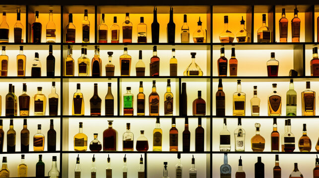 A lot of different bottles sitting on bar shelf, back light