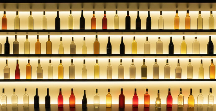A lot of different bottles sitting on shelves in a bar, back light