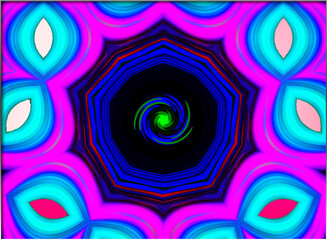 Abstract, vivid colors form a kaleidoscopic pattern that converges into a dark, swirling vortex in the center, 3d. within a border
