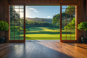 Wooden room with a view of the park. 3d rendering - Powered by Adobe