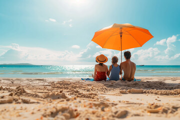 Family under an umbrella on the beach with copy-space, relaxing on a holiday trip at a beach resort