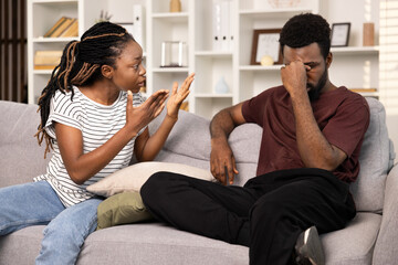 Couple Disagreement At Home, Woman Arguing With Man Ignoring Communication, Conflict In...