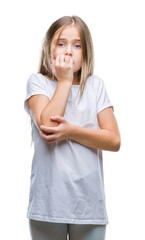 Young beautiful girl over isolated background looking stressed and nervous with hands on mouth biting nails. Anxiety problem.