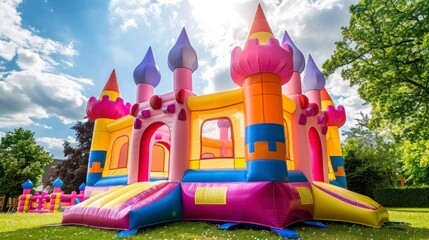 beautiful colorful inflatable castle in a garden patio during the day - obrazy, fototapety, plakaty