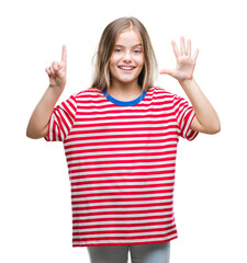 Young beautiful girl over isolated background showing and pointing up with fingers number six while smiling confident and happy.