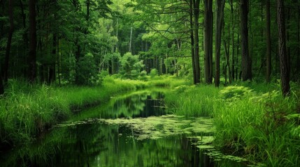 Fototapeta na wymiar A stream flows through a vibrant green forest