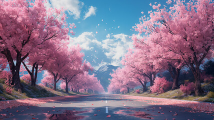 Cherry blossoms on the street. Beautiful spring landscape