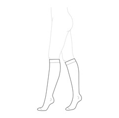 Stocking hosiery knee length hose. Fashion accessory clothing technical illustration. Vector side view for Men, women, unisex style flat template CAD mockup sketch outline isolated on white background
