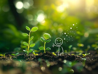 A cartoon of a smiling person holding a plant in the dirt