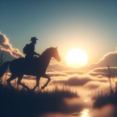 Fototapeta na wymiar The sight of the evening sunset riding a horse in a pretty place, a person in a black silhouette, a dreamy atmosphere, Generative AI